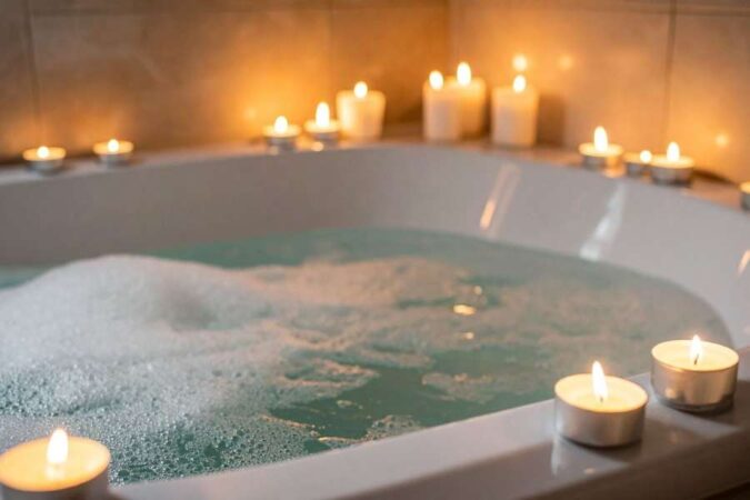 Une baignoire remplie d'eau chaude et de mousse, entourée de bougies allumées pour une première séance de hammam.